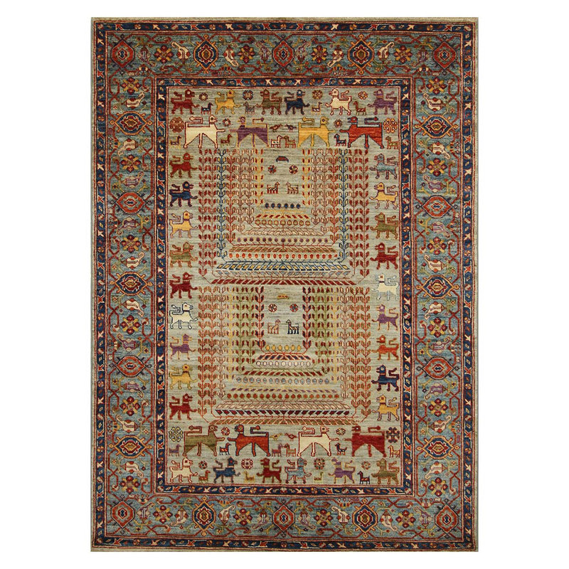 Tapis gris / brun / bleu clair / orange noué à la main de haute qualité