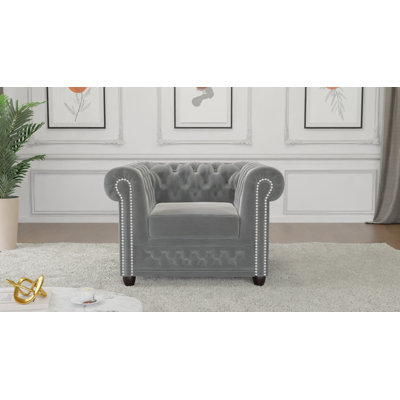 Chesterfield Armchair Hanna Made of Velvet Fabric with Solid Wood Legs