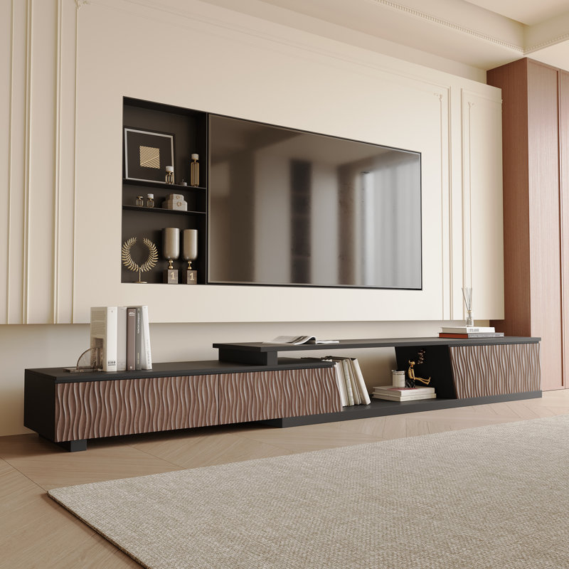 Mid-century Modern Extendable TV Stand for TVs up to 85" with Storage Drawers and Open Shelf