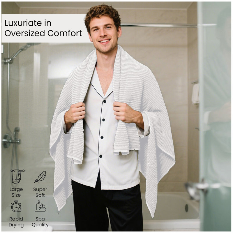 Premium Ribbed Cotton Bathroom Towel Collection, Soft & Plush, Fast Absorbing Hand, Bath Towels & Bath Sheets - 2 Pack, White
