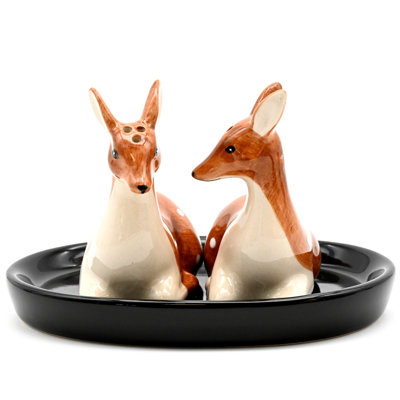 SALT AND PEPPER SHAKER Deer - dark brown and black ceramic tray