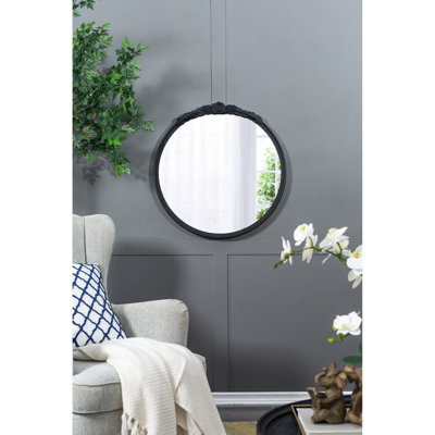 Cadre de miroir rond noir avec rose à la main complexe, 30 po x 30 po, pour cadre en espace de vie rose, noir, vestibule, salle de bain