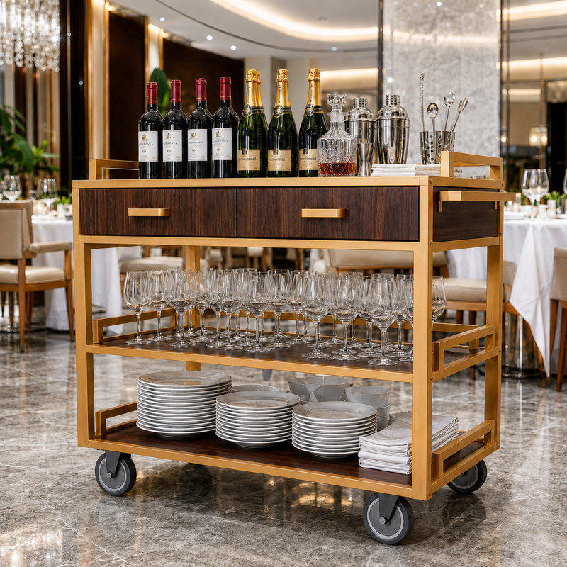Chariot-bar roulant à 3 niveaux de 40,1 po de largeur avec 2 tiroirs et roulettes verrouillables