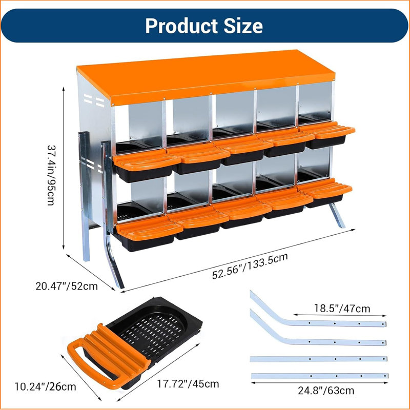 Chicken Nesting Boxes,10 Holes Metal Roll Away Eggs Laying Boxes With Ventilation Holes,rustproof Plastic Tray & Keyhole Mounting, Cleanable Pull Out Nest Box For Hen & Duck, Orange