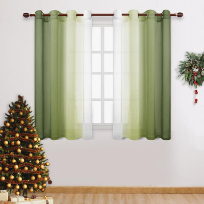 2 Panels Ombre Sheer Curtains Faux Linen Semi Voile Gradient Farmhouse Style Curtains, Grommet Top Window Drape Panels for Bedroom and Living Room