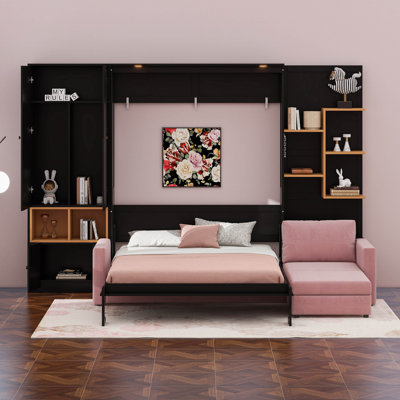 Grand lit escamotable avec canapé et rangement, lit mural peu encombrant, tablettes et lumières intégrées