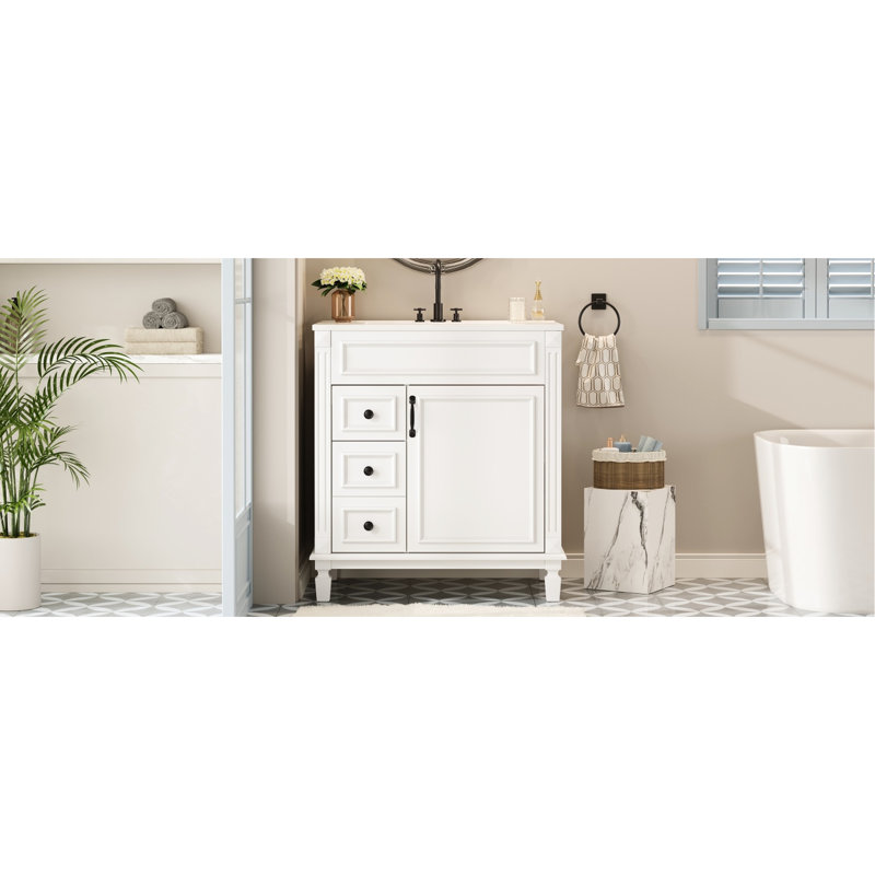 Meuble-lavabo de 30 po avec lavabo en céramique de haute qualité, fermeture coulissante à deux tiroirs et tablette ajustable, coulissante silencieuse, pour les espaces compacts