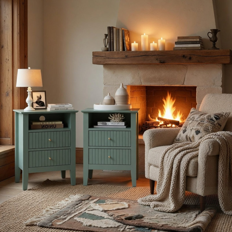 Ensemble de table de chevet cannelée à 2 tiroirs, vert moderne avec rangement, parfait pour les petits espaces et un décor élégant