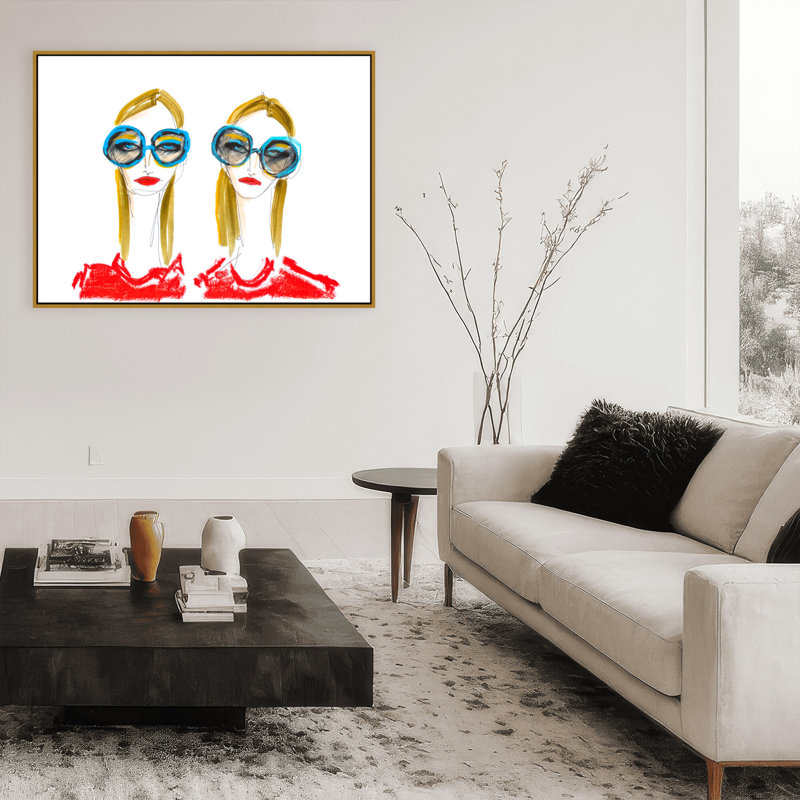 Pop Art & Retro Babes in Blue Sunnies by  - Picture Frame Painting, 12" H x 16" W x 2.375" D, Framed Canvas, Gold
