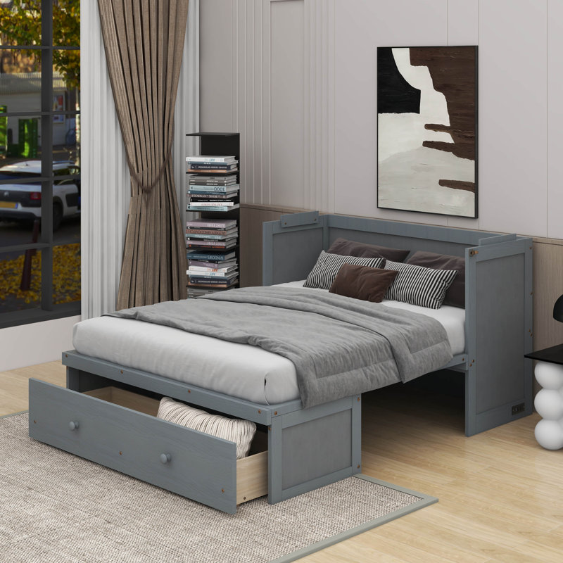 Lit escamotable avec port USB et grand tiroir, Gris, Double