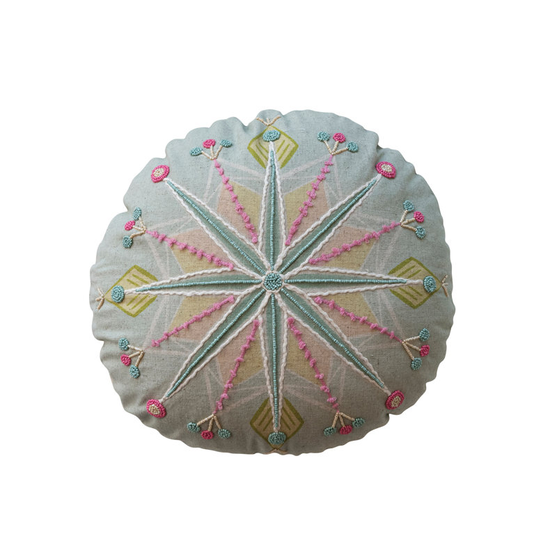 Multicolor Round Cotton Embroidered Snowflake Pillow with Beads