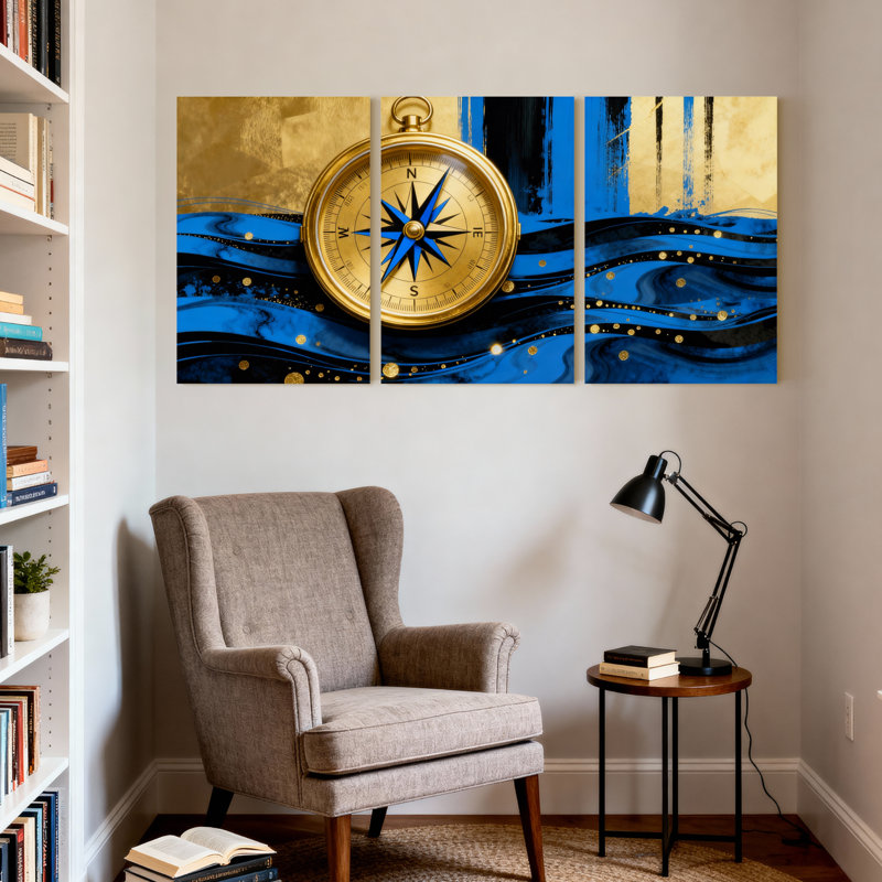 Golden Compass Blue Waves, ensemble de 3 reproductions d'art sur toile, H 24 po x l 48 po