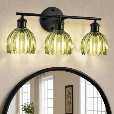 19.3 Inch 3-light Vanity Light Fixtures In Matte Black With Green Tulip Glass Shades, Modern Bathroom Wall Lighting