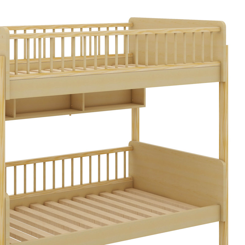 Lit superposé en bois de taille simple, livré avec 3 unités de rangement, Naturel