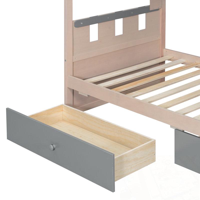 Lit superposé simple de style château avec 2 tiroirs, tablette et DEL, Gris