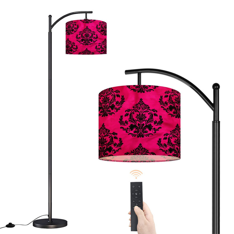 Lampe sur pied à arc avec abat-jour réglable Élégante lampe sur pied damassée noire et rose vif à 3 températures de couleur à intensité variable avec interrupteur au pied pour chambre à coucher