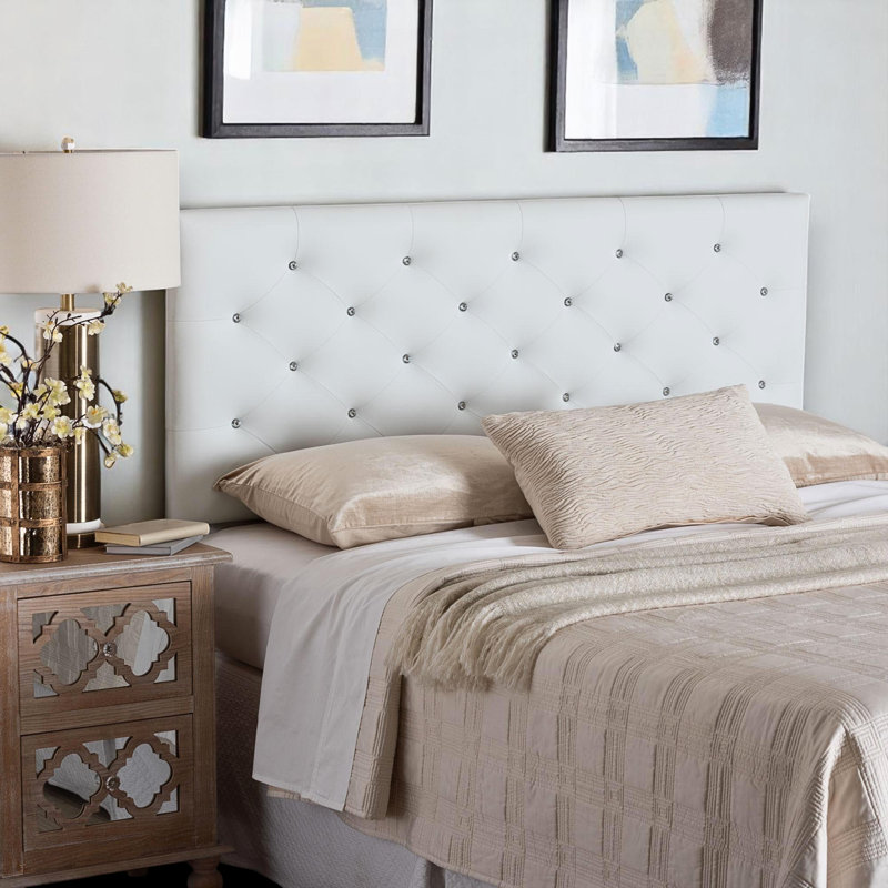 Musawer Queen White Upholstered Faux Leather Button Tufted Headboard, 54.23" H X 60.55" W X 3.25" D, White