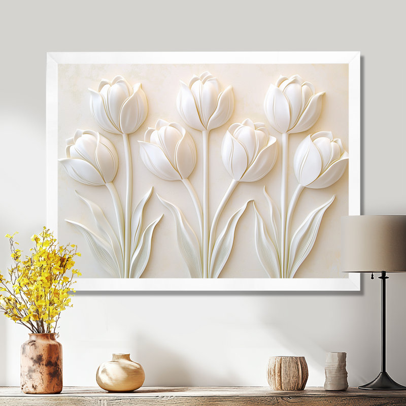 «Minimal White Tulips In Bloom II», reproduction d'art de tulipes, H 34 po x l 44 po, Blanc