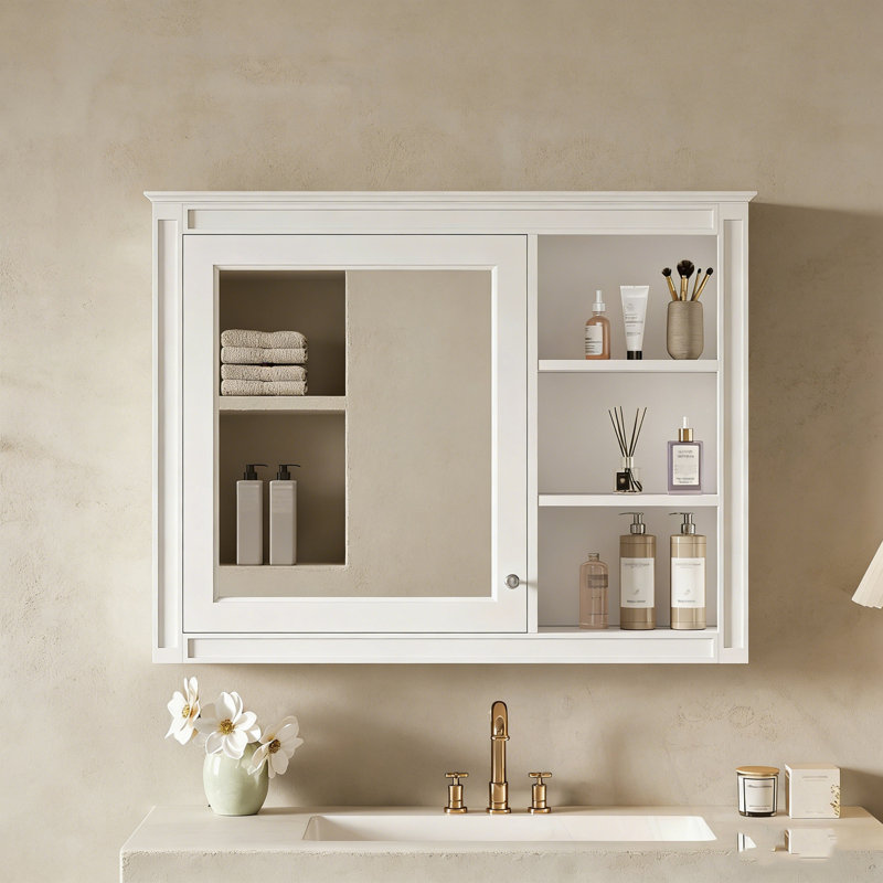 Armoire de rangement murale avec miroir et tablettes ouvertes