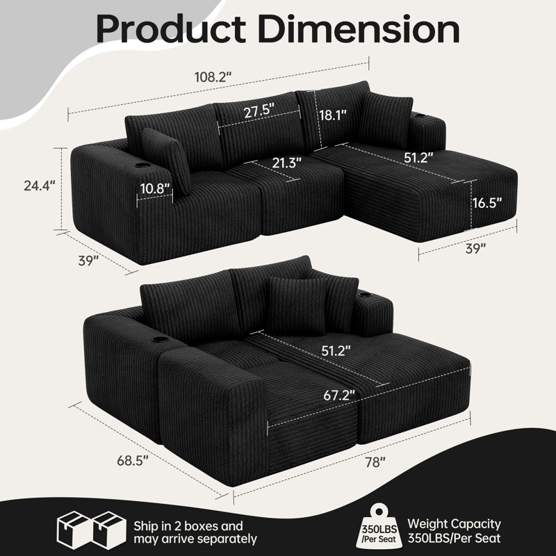 3 Seater Velvet Sofa & Chaise, Right Hand Facing