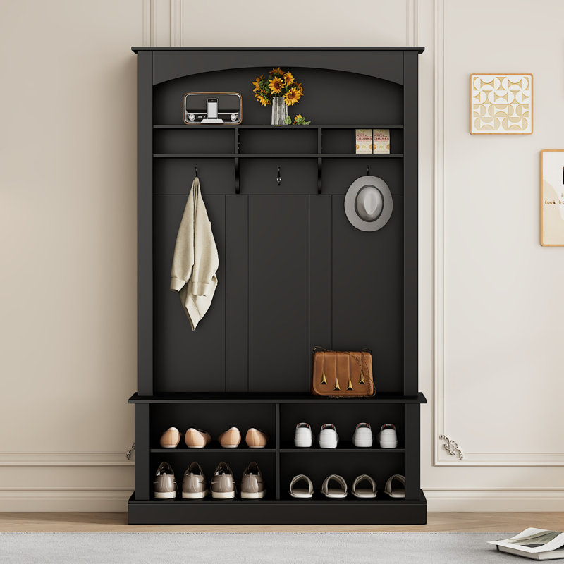 Wide Hall Tree with Bench and Shoe Storage, Multi-functional Storage, Black
