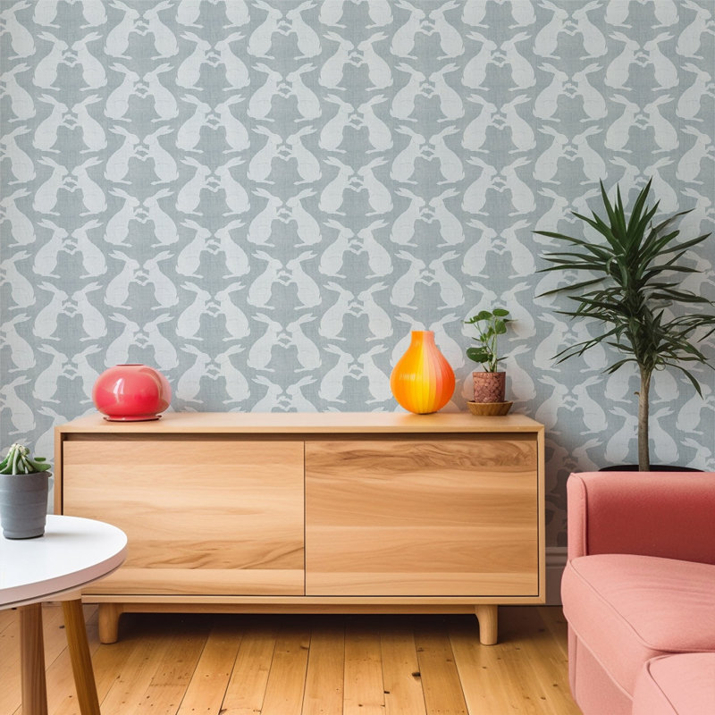 Kids Rabbits 10' L x 24" W Peel and Stick Wallpaper Tile, Pewter Blue, Non-pasted, Faux Grasscloth