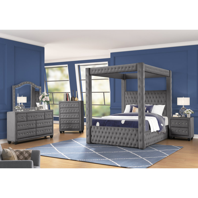 Ensemble de chambre à coucher à baldaquin 4 pièces Janeece, Crème, Grand