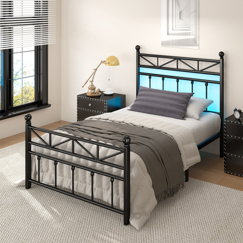 53.6" H Metal Platform Bed with LED Lights and Vintage Headboard, Twin, Black