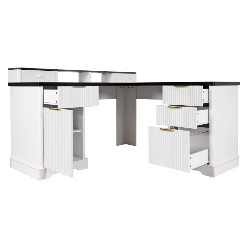 Bureau multifonctionnel en forme de L pour l'écriture d'étude de travail, Noir, Blanc