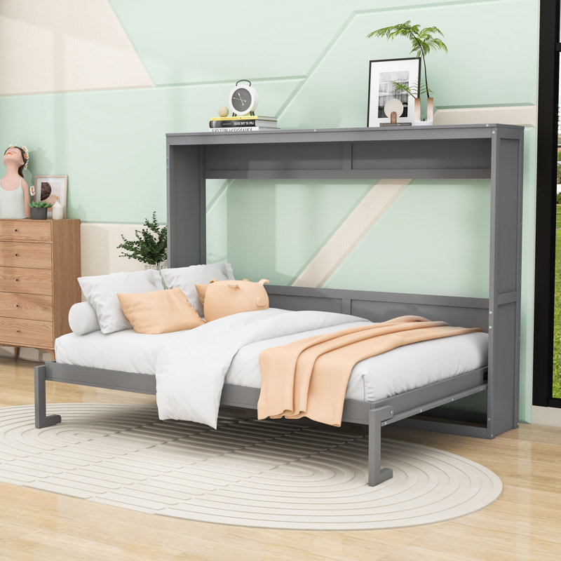 Lit escamotable en bois avec confort flexible, Gris, Double