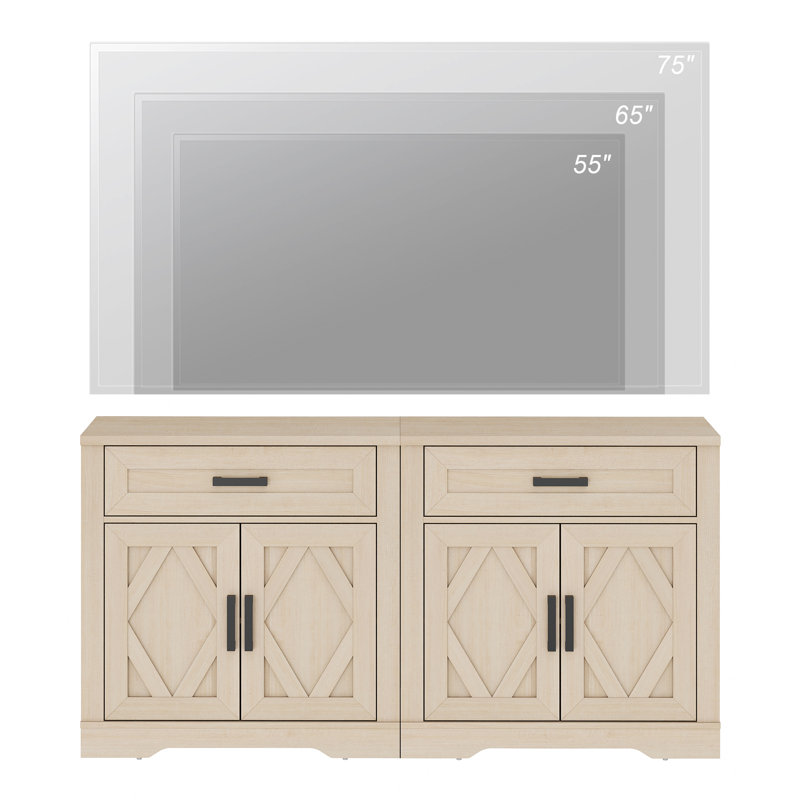 Glenford 63"W Large Modern Farmhouse Accent Cabinet With Barn Doors & Drawers, Scratch-Resistant Tree Bark, Beige