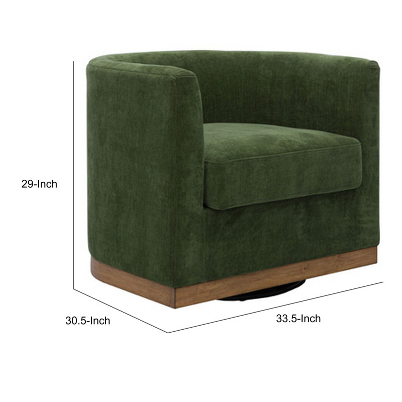 Swivel Accent Chair, Green Cushioned Fabric, Barrel Style, Brown Wood Base