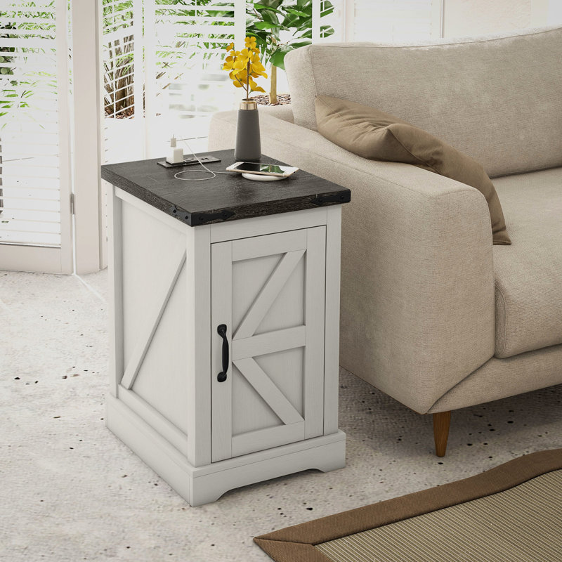Table d'appoint avec station de charge - Armoire blanche, ports et rangement d'aspect vieilli