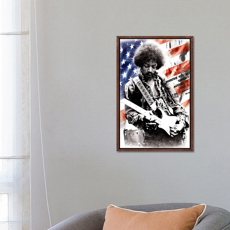 Jimi Hendrix (American Flag Background) - Photograph Print on Canvas, 152.5 cm H x 101.5 cm W, Brown Framed