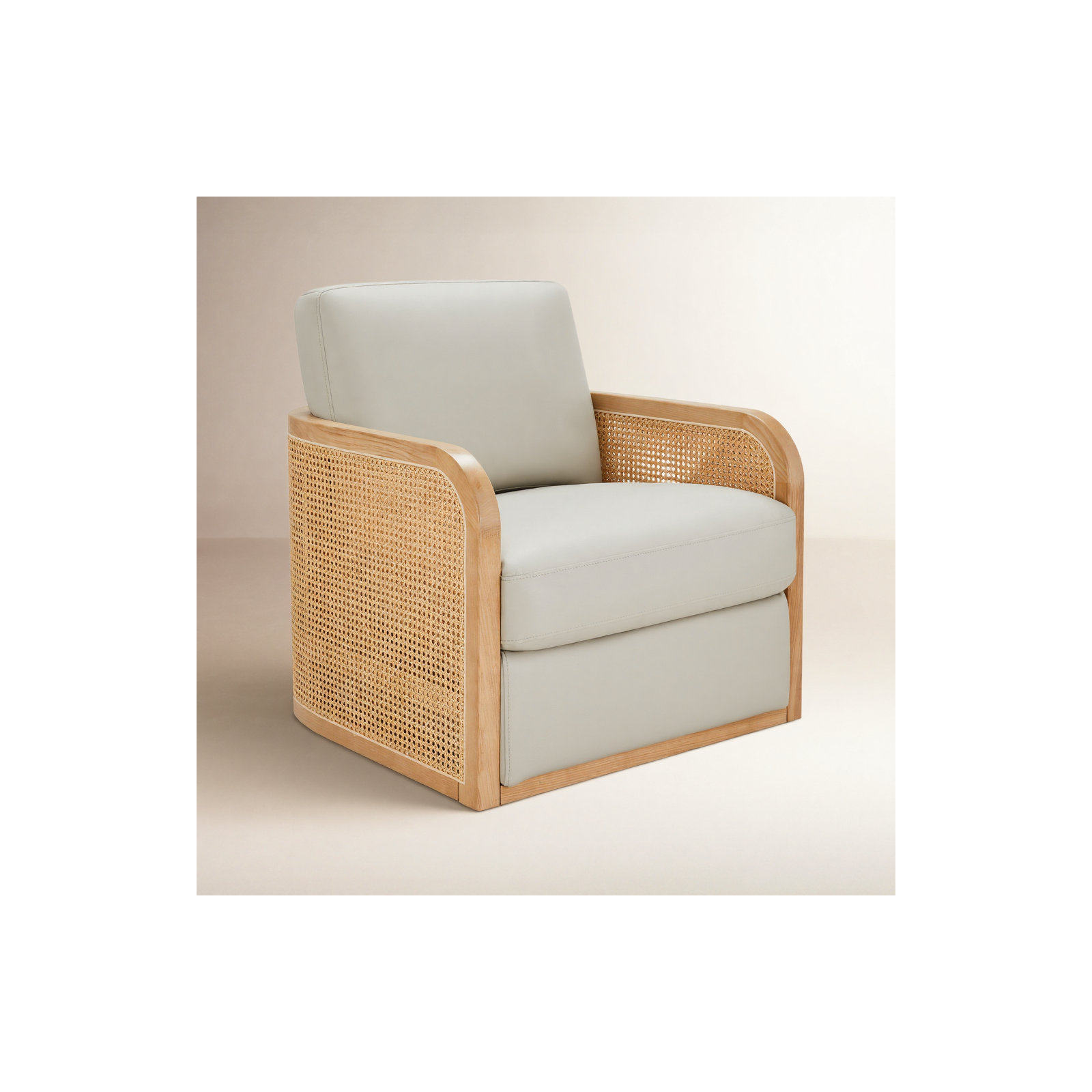 Juliette Leather Natural Cane Swivel Barrel Chair, Pebble Grey Vegan Leather