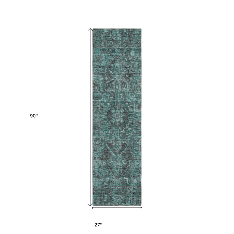 8' Runner Turquoise Oriental Washable Non Skid Indoor Outdoor Runner Rug