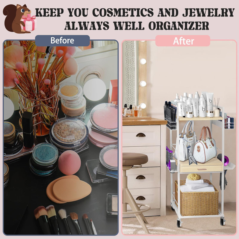 Portable Rolling Makeup Cart - Smooth-Rolling Wheels, Wooden Drawers, And Side Hooks For Organized Beauty Storage
