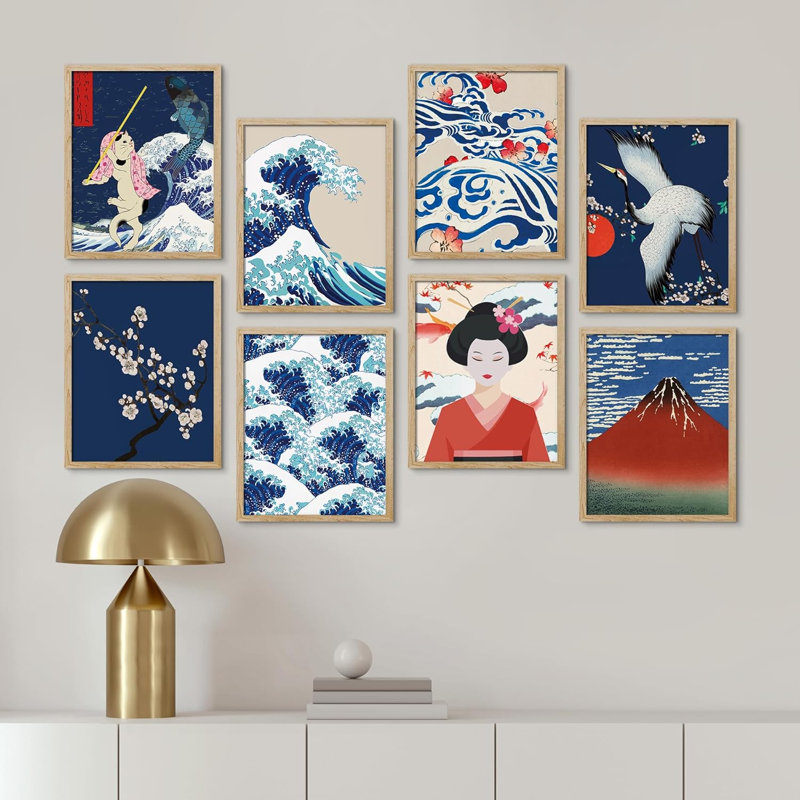 Grande vague japonaise, paysage naturel, chat et grue Ukiyo-e, mont Fuji, 8 pièces, H 14 po x l 11 po x P 1 po, Naturel