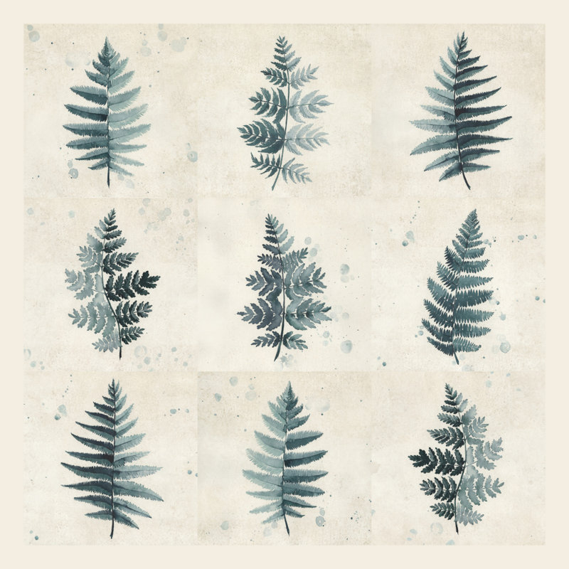 "Nine ferns collage", art mural texturé encadré, H 12 po x l 12 po, Noir