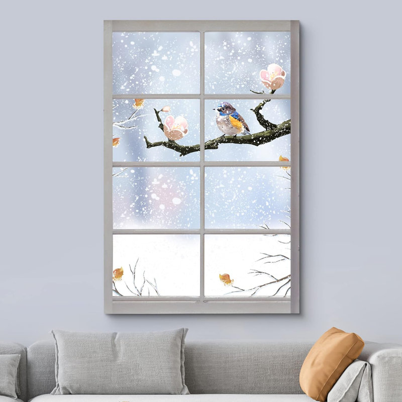 Fenêtre de paysage «Window View Finch Birds Cherry Blossom Winter Tree Nature Scenic Landscape» sur toile, H 48 po x l 32 po