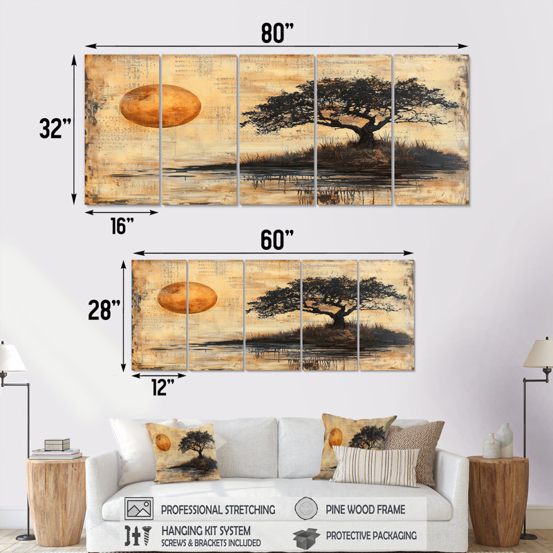 «Yellow Vintage Savannah African Tree» - ensemble de reproductions d'art mural arbre africain, H 28 po x l 60 po