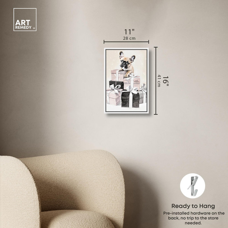 Jolies boîtes-cadeaux sur toile Frenchie , H 16 po x l 11 po, Cadre flottant blanc
