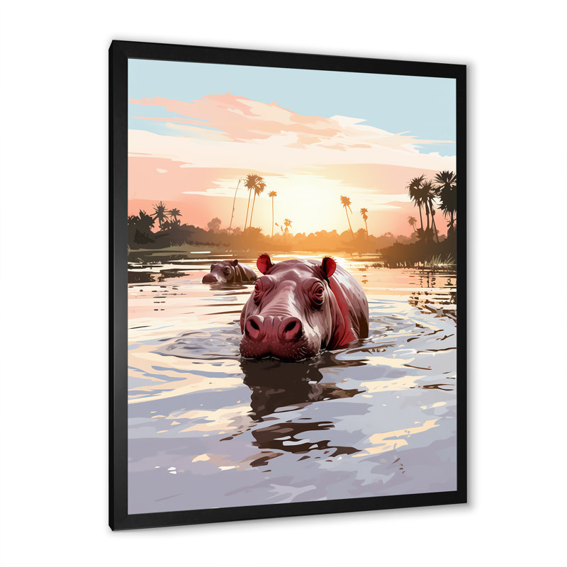 Gris, silhouette d'un hippopotame safari - Hippopotame, H 20 po x l 12 po x P 1 po, Cadre simple noir