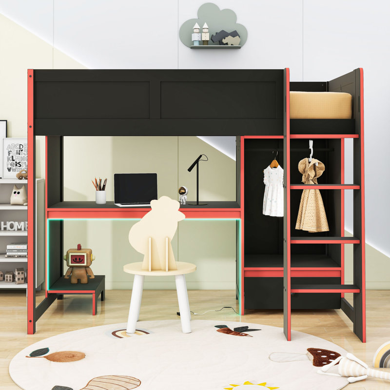Lit de jeu Loft avec bureau, garde-robe et éclairage à DEL, Simple