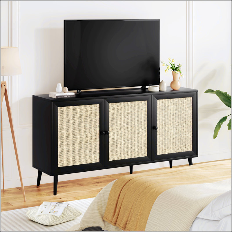 Rattan Sideboard Buffet Cabinet With 3 Doors, Large Storage For Modern Kitchen And Entryway, 31.1" H x 59.1" W x 15.4" D
