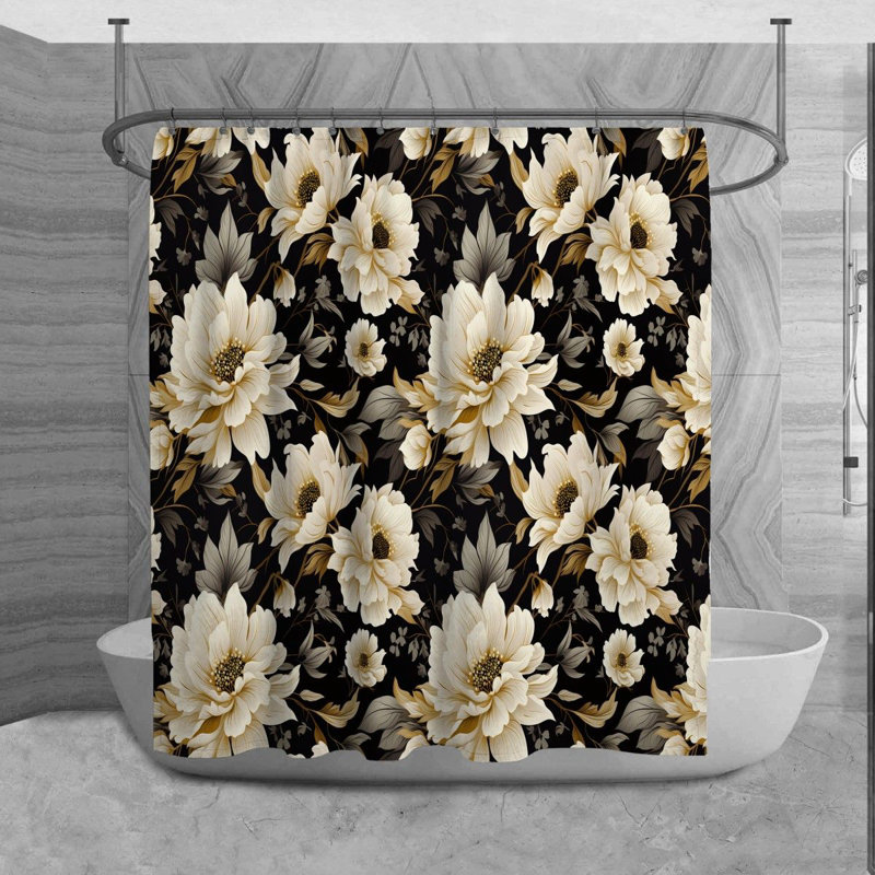 Floral Shower Curtain Pattern Bathroom Decor Black, 93" H x 70" W