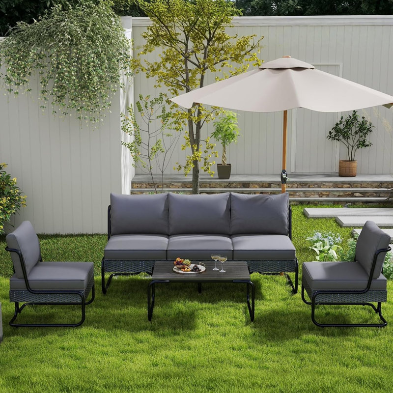 All Weather Bistro Furniture Set, Metal Patio Sofas Outdoor Sectional With Coffee Table And Cushions, Gray