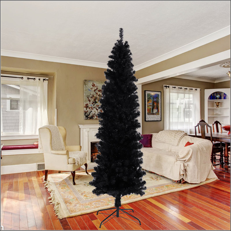 Arbre de Noël artificiel noir 7,5 pi avec support pliable en métal