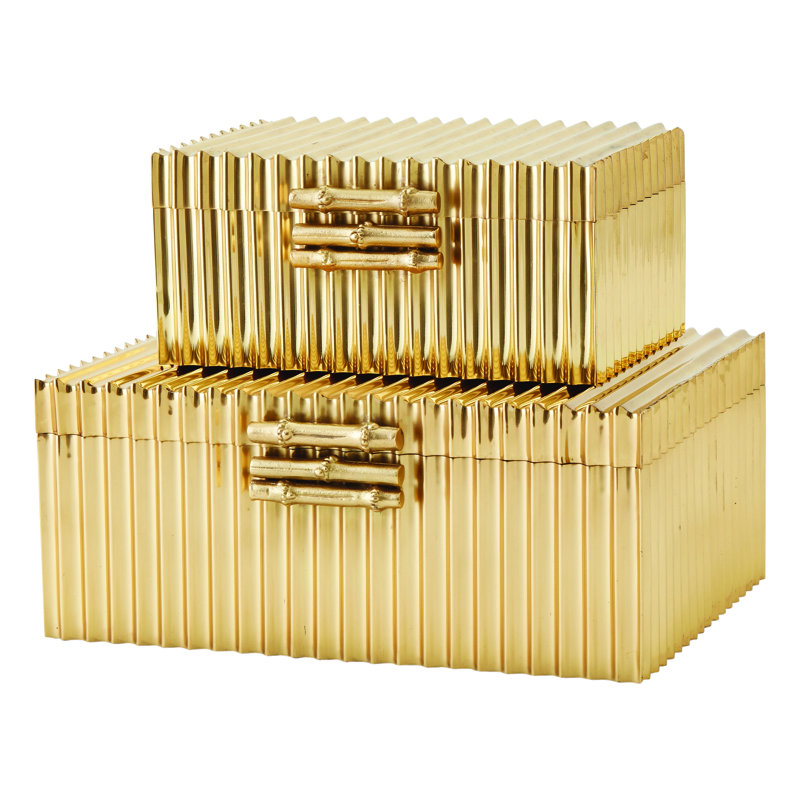 Corrugated Bamboo Handmade Wood Decorative Box, 4" H x 9" W x 6" D, Brass