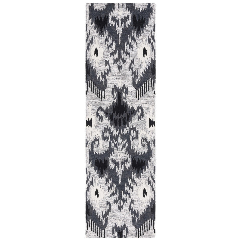 Ikat Hand Tufted Wool/Cotton Ikat Rug in Black/Gray, Runner 2'3" x 8'